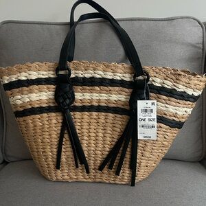 Style & Co. Natural Straw Tote with Black Stripe Accents